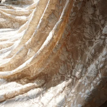 

Stretch lace fabric Apricot/beige color 2 yards=1 lot continuous fabric! Autumn & Winter thick quality Flocking lace fabric nice