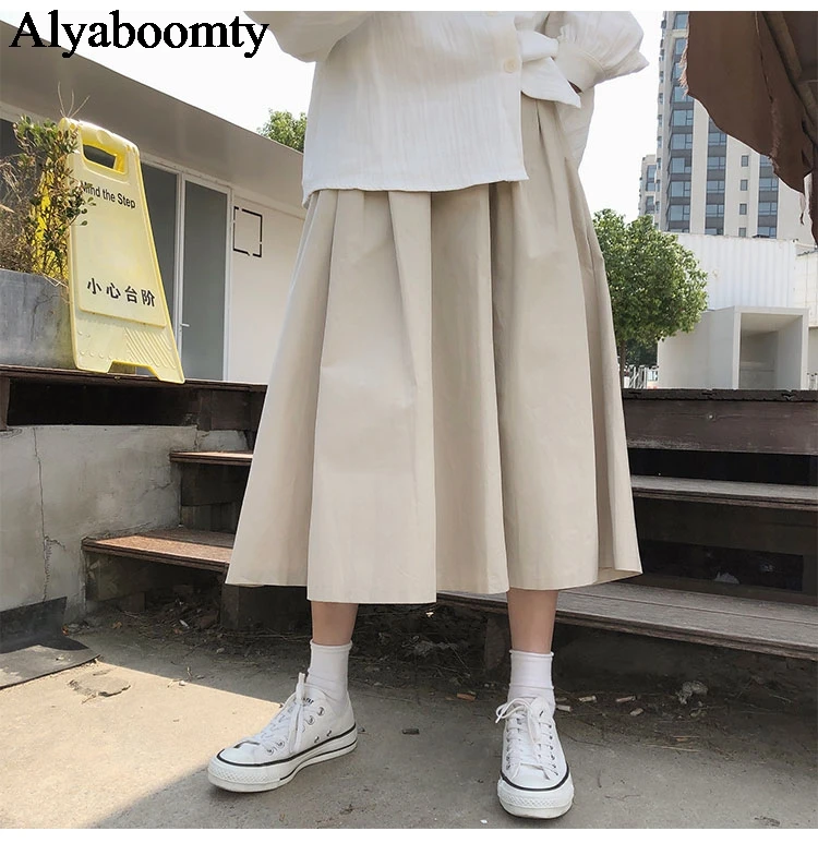 Японская женская юбка миди в стиле Харадзюку на осень и весну, Повседневная Свободная юбка в стиле сафари с высокой талией, элегантные хлопковые юбки абрикосового цвета