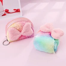 Зимний цветной плюшевый Кошелек с бантиком для монет, милый чехол, сумка для денег, школьный держатель для карт, брелок для ключей, кошелек для монет, подарок для девочки и дочери