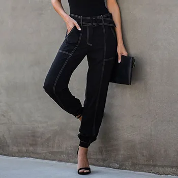 

Spring Casual Loose Solid Black Women Casual Pants Belt Ankle Length Thin Streetwear Punk Trousers Office Lady Overalls Pants