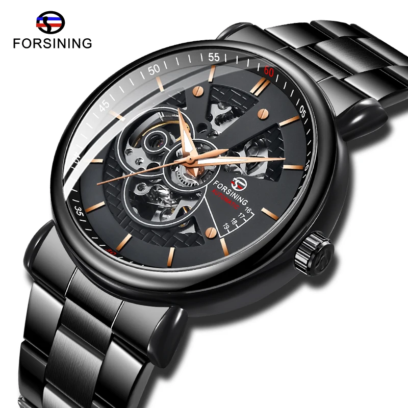 

New FORSINING Men Automatic Watches Black Openwork Clock Luminous Hands Design Stainless Steel Top Brand Luxury Wrist Watches