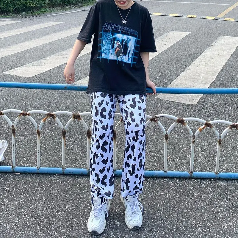Deeptown Cow Print Wide Leg Pants for Women Korean Style Oversized Women Fashion Pants Harajuku Autumn 2020 Plus Size Trousers