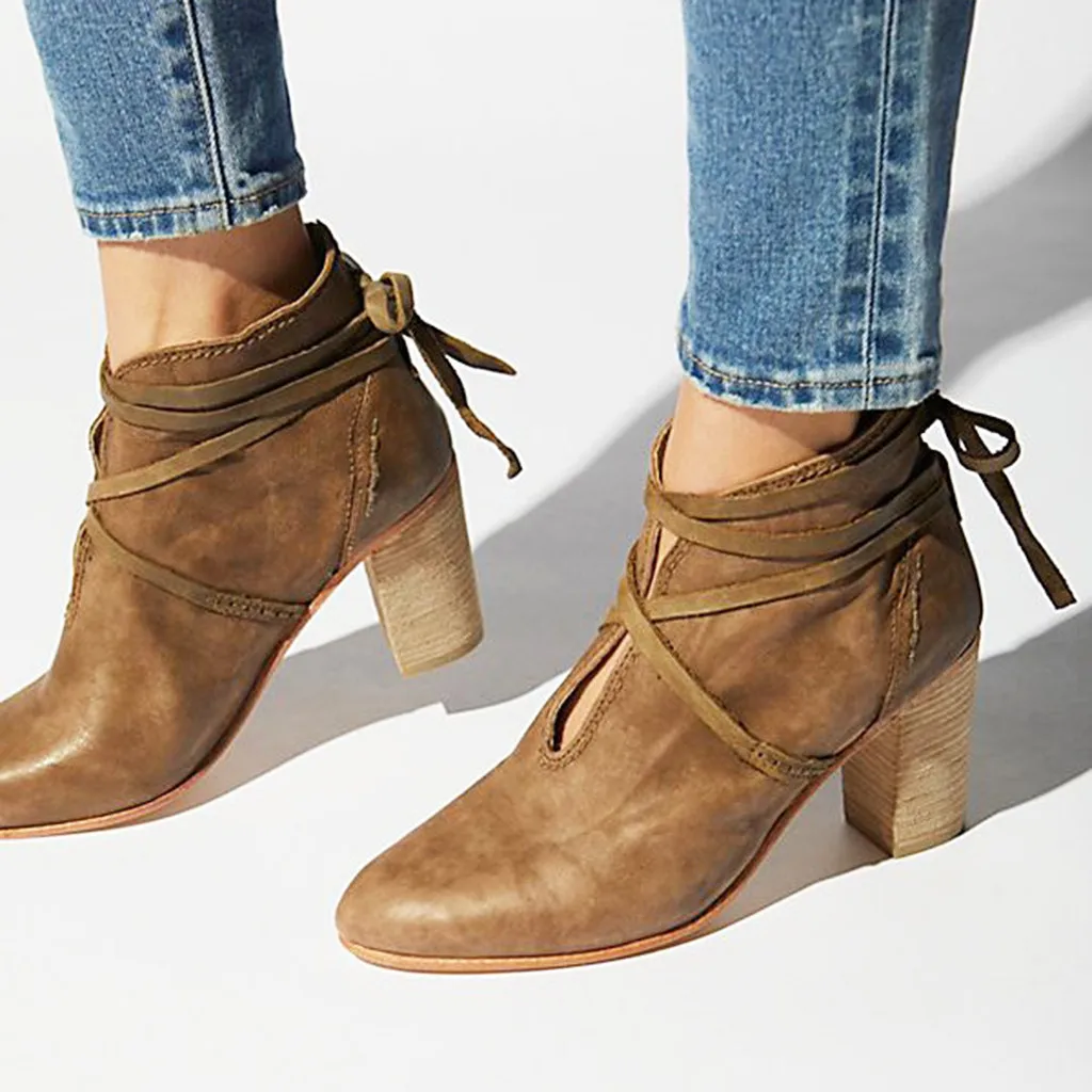 

Lace-Up Boots Women Fashion Rome Retro PU Leather Pointed Toe High Heel Ankle Boots For Women Winter Women Shoes Botas Mujer
