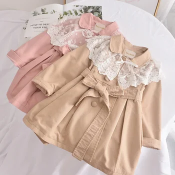 

Keelorn Children's Clothing Kids Fashion Long Outerwear 2020 New Baby Girl Solid Trench with Soft Lace Shawl Sweet Lace Coat