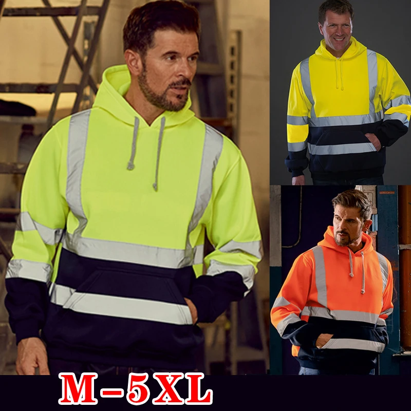 

Enhanced Visibility Contrast Mens Hoodies 2019 Road Work Hoodie Pullover Hooded Sweatshirts Plus-Size Male Patchwork Moletom