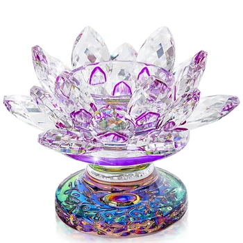 

H&D Purple Crystal Lotus Flower Tealight Candle Holder Centerpieces Romantic Wedding Candlestick Fengshui Home Decoration Gift