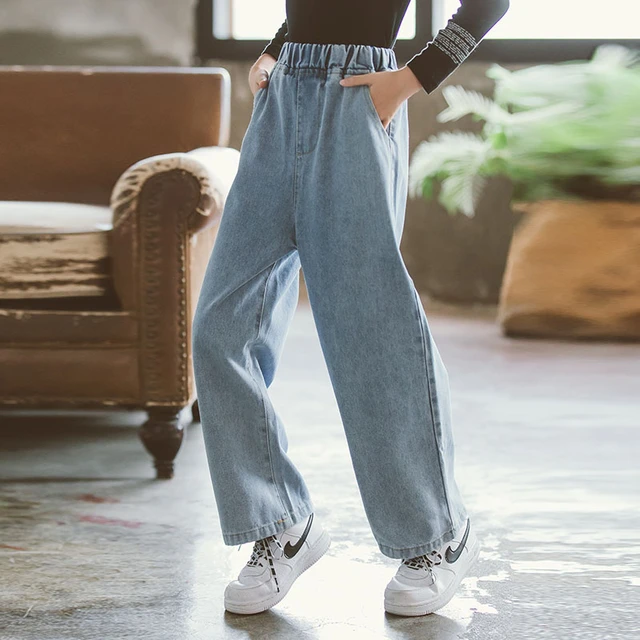 område vinder Summen Teen Girls Jeans Solid Color Loose Trousers Korean Style High Elastic Waist  Denim Wide Leg Pants