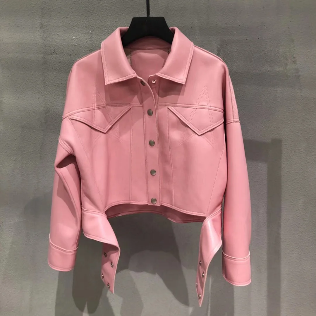 

New Style Women Motorcycle Jacket Stylish Lapel Loose Overcoat Single Button Women Genuine Pink Sheepskin Leather Jacket