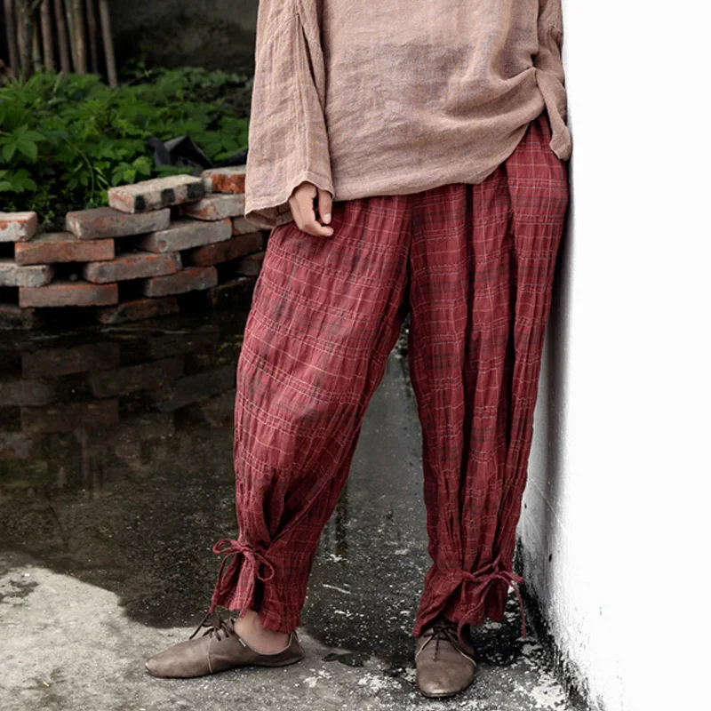Johnature Women Plaid Straight Pants Vintage Cotton Trouser Elastic Wasit 2021 New Summer Original Loose Casual | Женская одежда