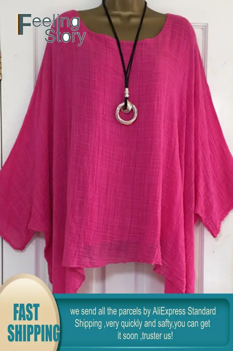 Casual túnicas 5X Plus tamaño de manga murciélago para mujer blusas sueltas sólido O de media manga cuello camisa de lino mujer asimétrica Tops blusa ► Foto 2/6