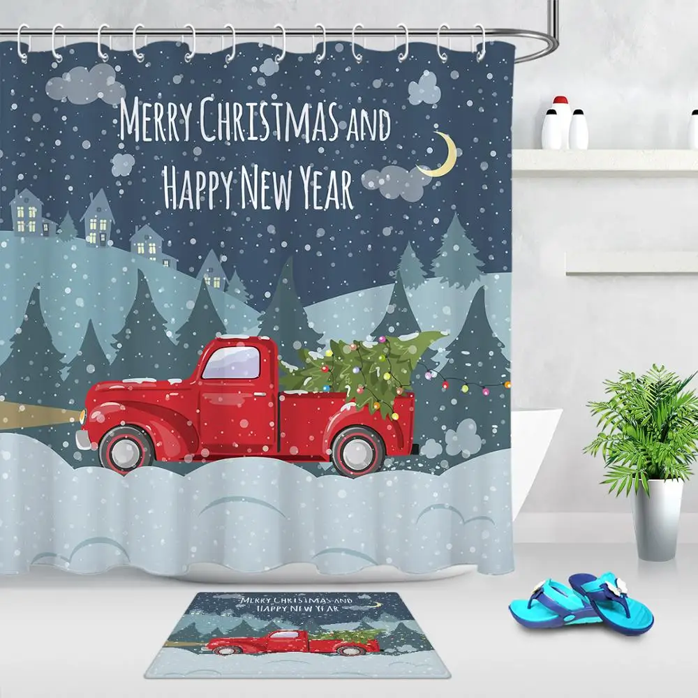 Curtain and Mat Мультфильм красный Грузовик Высокое качество занавеска для душа Рождество Ванна занавеска перегородка ванная комната моющееся украшение пол ковер - Цвет: Curtain and Mat