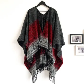 

European and American spring autumn and winter cashew saffron flower fork shawl women's large pickling flower gray imitation