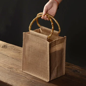 

Reusable Natural Linen Gift Bag Bamboo Handle Environmental Handbags Storage Organizer Wedding Birthday Party Gift Packing Bags