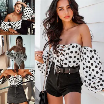 

Vintage Hot Women Strapless Off The Shoulder Short Crop Tops Long Sleeve Lace Up Blouse Slim Top Shirt blusa feminina