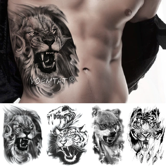 Autocollant de tatouage temporaire, motif Lion, crâne, tigre, loup, imperméable, guerrier, soldat, bras d'art corporel, faux tatouage pour hommes et femmes 1