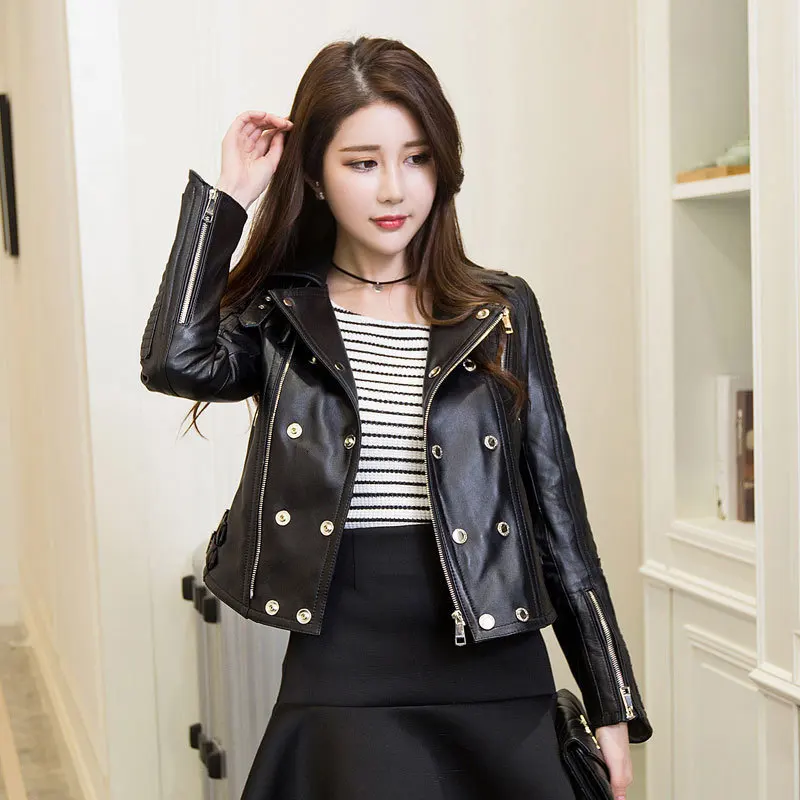 Chaqueta cuero genuino para mujer, cazadora corta de estilo Punk color negro, novedad de 2020|Chaquetas de cuero| - AliExpress