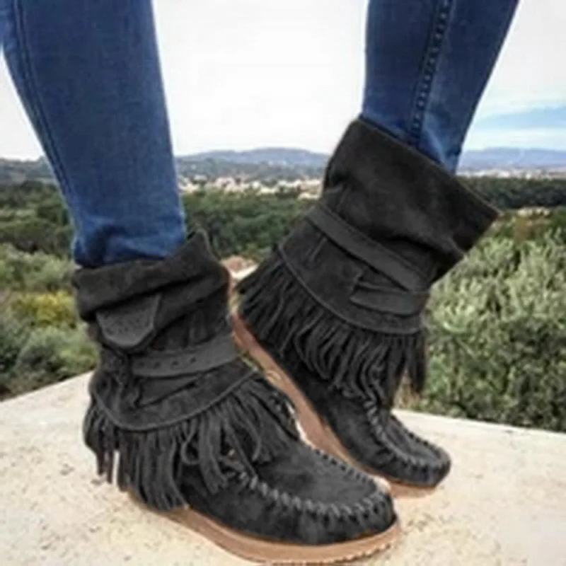 Women Ankle Short Boots Tassels Round Toe Buckle Strap Boots Ethnic Style Warm Non-slip Boots Shoe For Ladies Botas Mujer