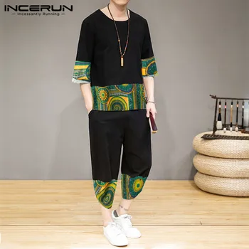 

INCERUN Chinese Style Men Sets Summer Cotton Print Patchwork Casual 3/4 Sleeve Shirt Calf Length Pants Streetwear Retro Men Suit