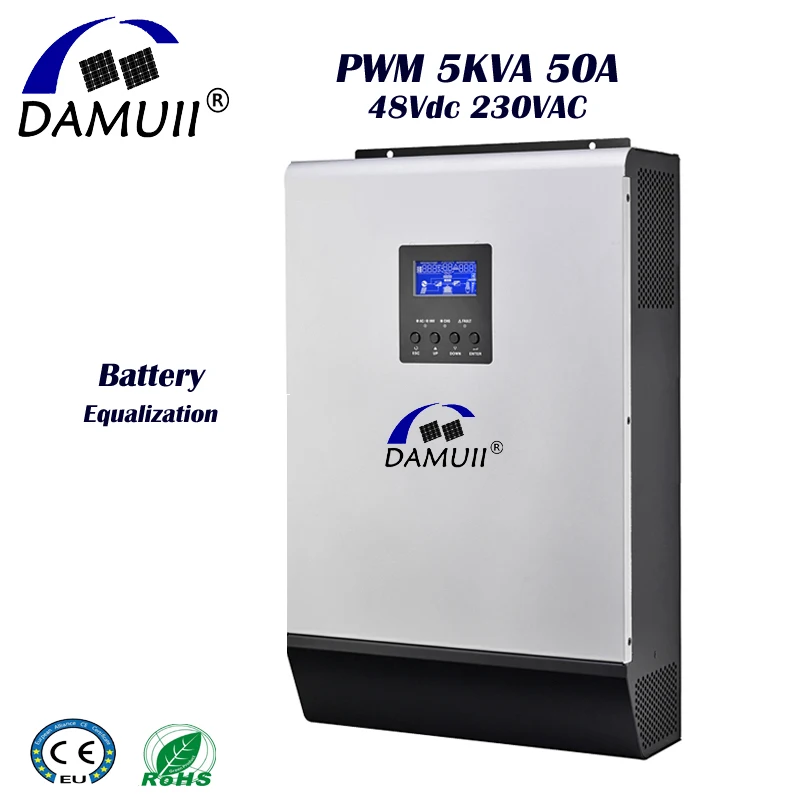 

DAMUII PWM 5KVA солнечный инвертор 5000VA 4000 Вт немодулированный Гибридный инвертор с немодулированным синусоидальным сигналом 230Vac 50A Контроллер заряда батарея 48dc