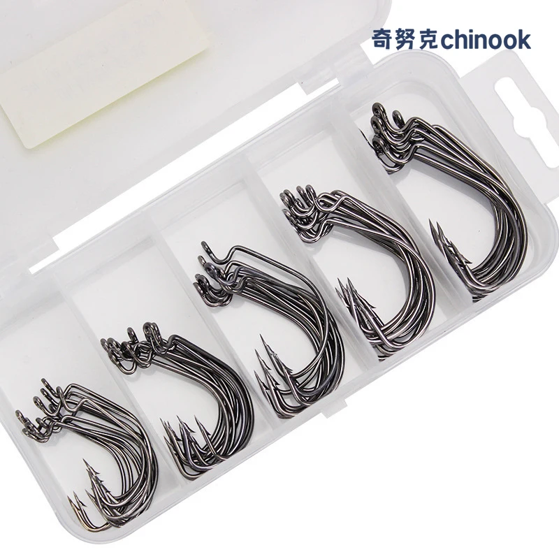 Chinook 50pcs Wide worm hook Carbon Steel Offset Fishhook Bass Barbed Carp Fishing Hook 3/0#-2# For Soft Worm Lure | Спорт и