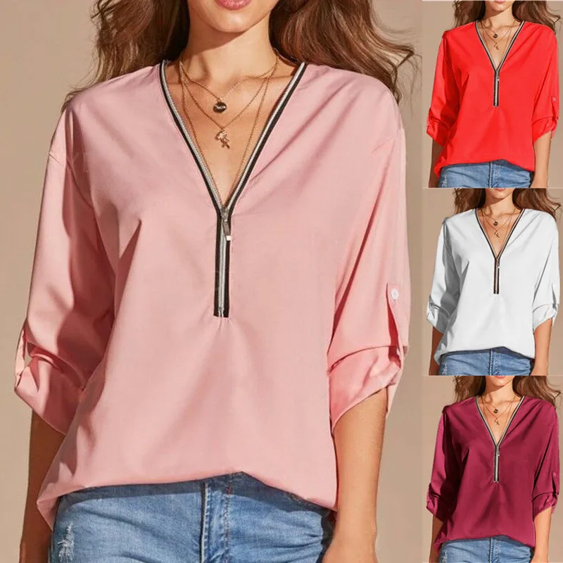 

Autumn Solid Color Long Sleeve V Neck Zipper Loose Basic Section Women' Blouse(S-5XL)