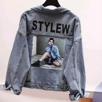 

Women Denim Jacket Autumn New Korean Version Loose Back Print Double-breasted Female Short Chic Coat 2019 deinm stylew letters