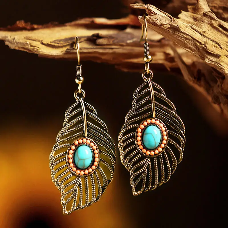 

2020 Cross-border Europe and America Hollow Feather Leaf Shape Inlaid Colorful Earrings Literary Style Earrings Women
