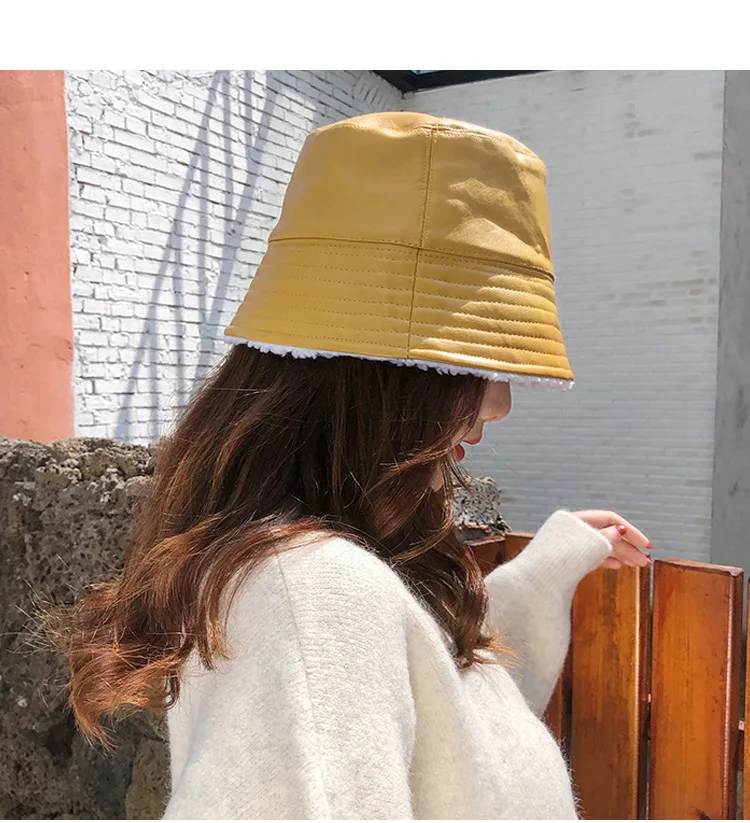 Новая шляпа женская из искусственной кожи Рыбацкая шляпа Женская японская осенне-зимняя модная Панамка Корейская дикая плюс бархатная шапочка мужская
