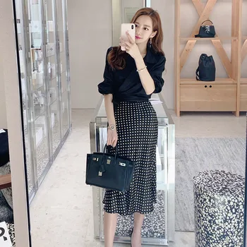 

CINESSD Sexy 2 piece suit For Women Black Shirts And Skirt Long Sleeve Loose Midi Dress Casual Formal Work skirt