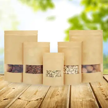 

10Pcs/lot Kraft Paper Bag Window Zip lock Empty Dried Gift Sealing Fruit Zipper Food Bags up Tea Self Stand package I7U7