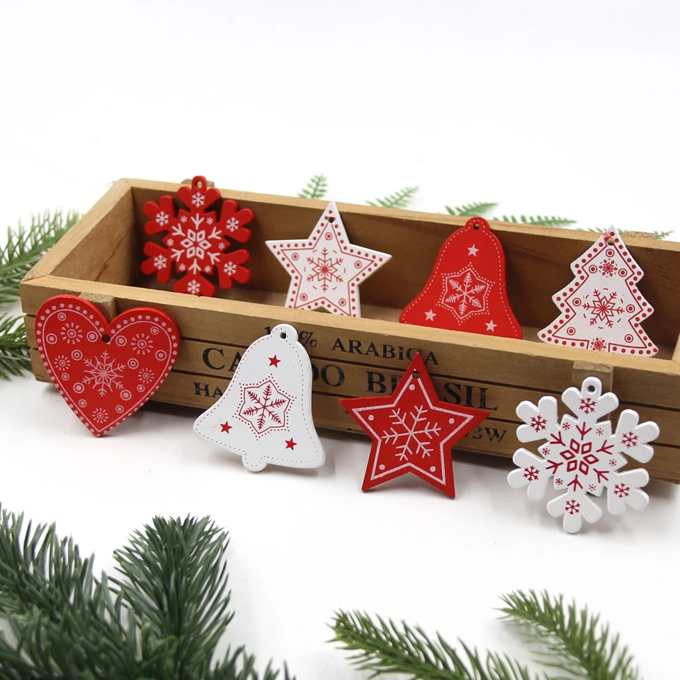 

12PCS/Lot DIY White&Red Christmas Tree/Heart/Star Wooden Pendants Ornaments For Home Xmas Tree Ornaments Kids Gifts Decorations