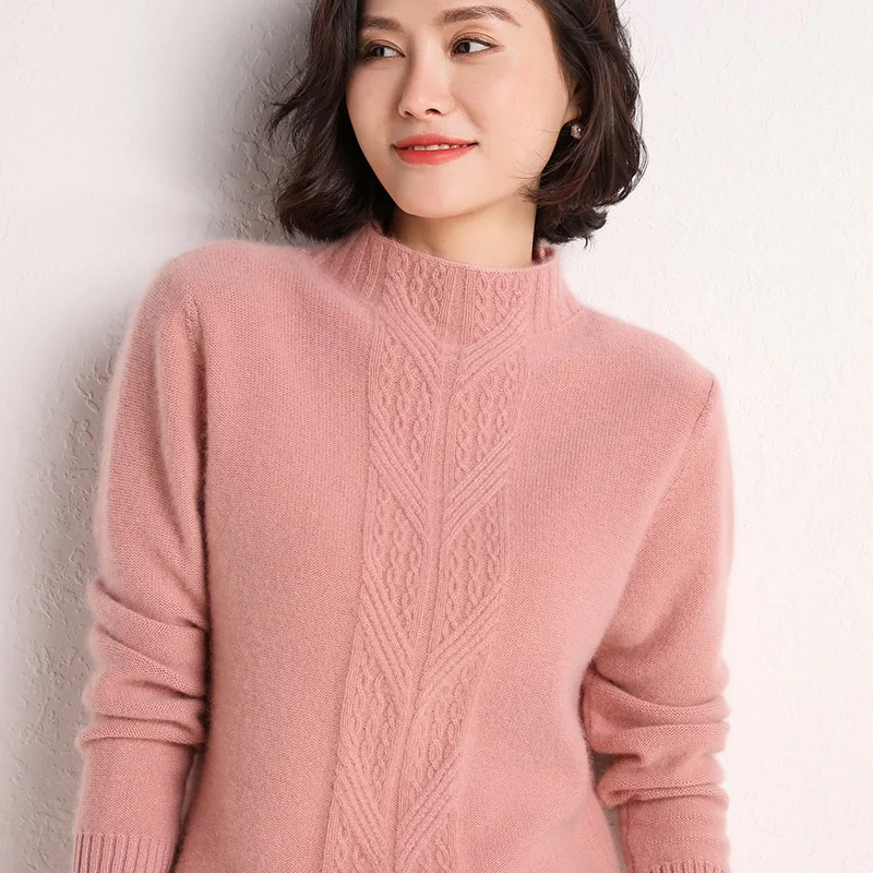 Женский свитер высококачественный Водолазка с длинным рукавом мягкий Женский кашемировый свитер модный теплый однотонный вязаный пуловер - Цвет: Розовый