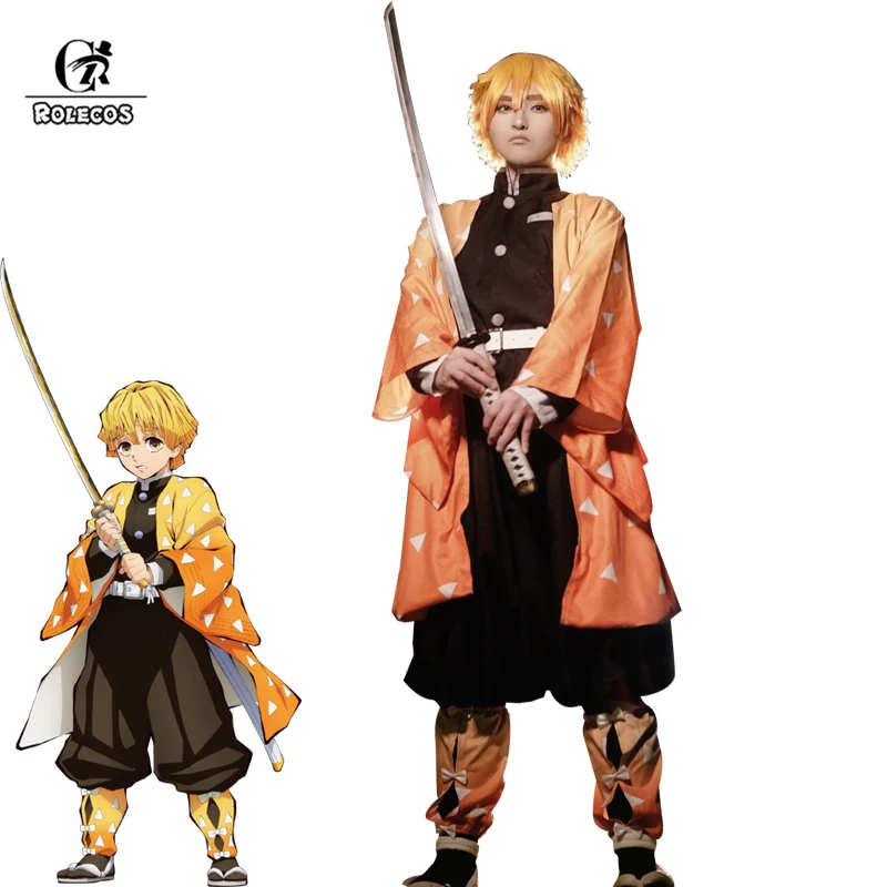 ROLECOS Аниме Костюм Kimetsu no Yaiba Косплей демона Slayer Agatsuma Zenitsu косплей костюм Мужчины
