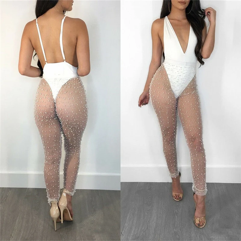 

Sexy Womens Pencil Pants Fashion Lady See Through Trousers Sexy Mesh High Waist Pearls Patchwork Transparent Trousers Beach Pant