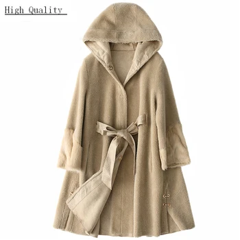 

Real Sheep Shearing Fur Coat Female Natural Wool Jackets Women Autumn Winter Long Warm Clothes Mink Fur Cuff 2020 LWL1375