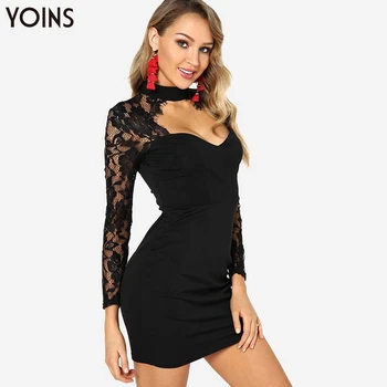 

YOINS 2020 Autumn Winter Women Dress Sexy Bodycon Cut Out Zip Back Crew Neck Lace Dress Black Mini Dress Party Night Wear Femme
