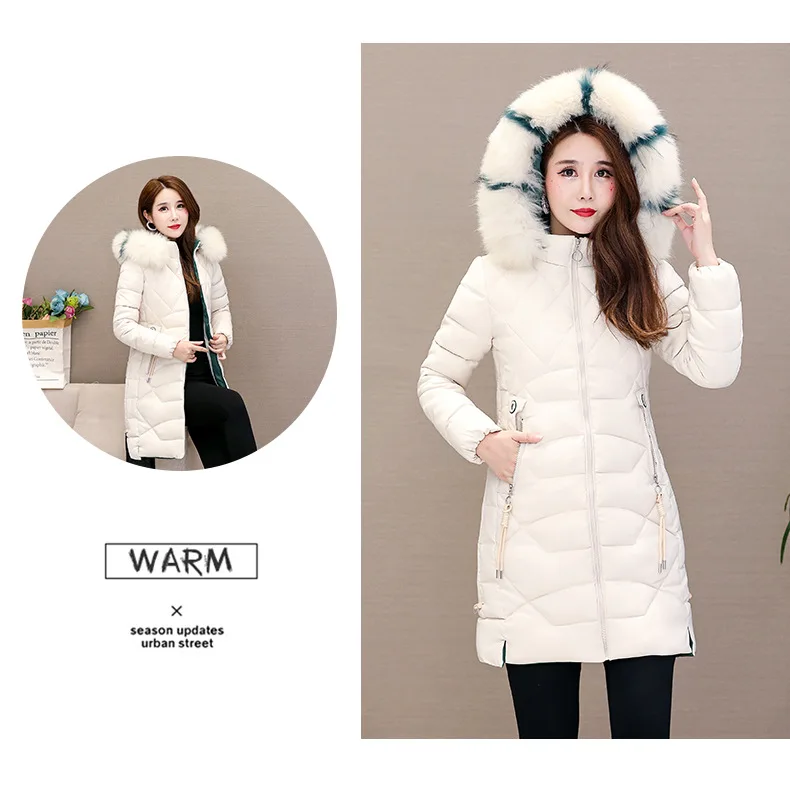 Зимняя куртка Женская Плюс Размер M-3XL искусственный меховой воротник с капюшоном Толстая зимняя одежда пуховик для женщин зимнее пальто женские тонкие парки