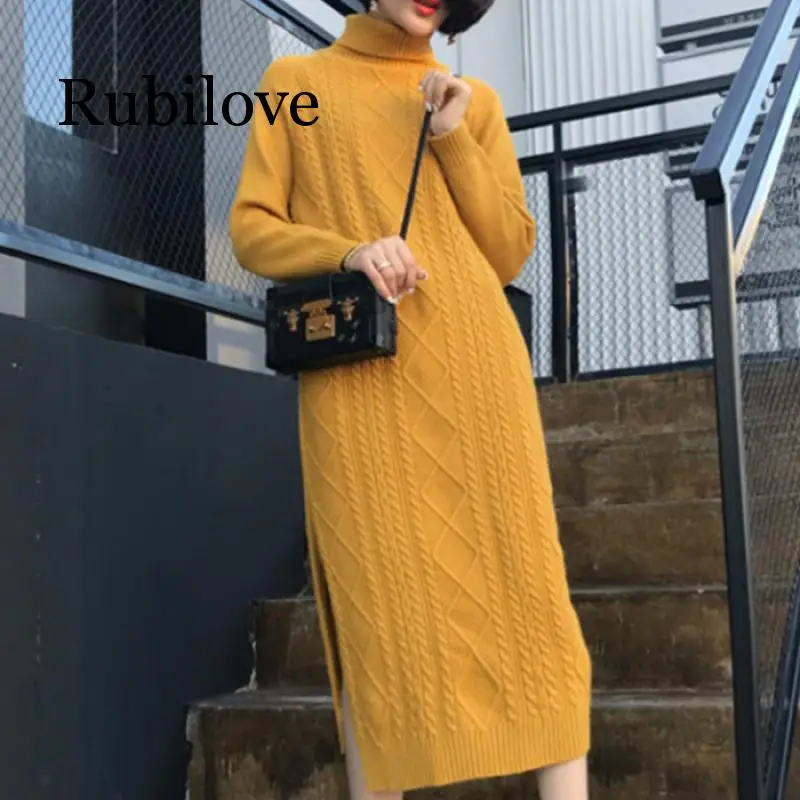 

Fashion Sweater Dress Women Turtleneck Sweaters Dresses Korean Woman Knitted Long Dresses Women High Waist Sweaters Dress Thick