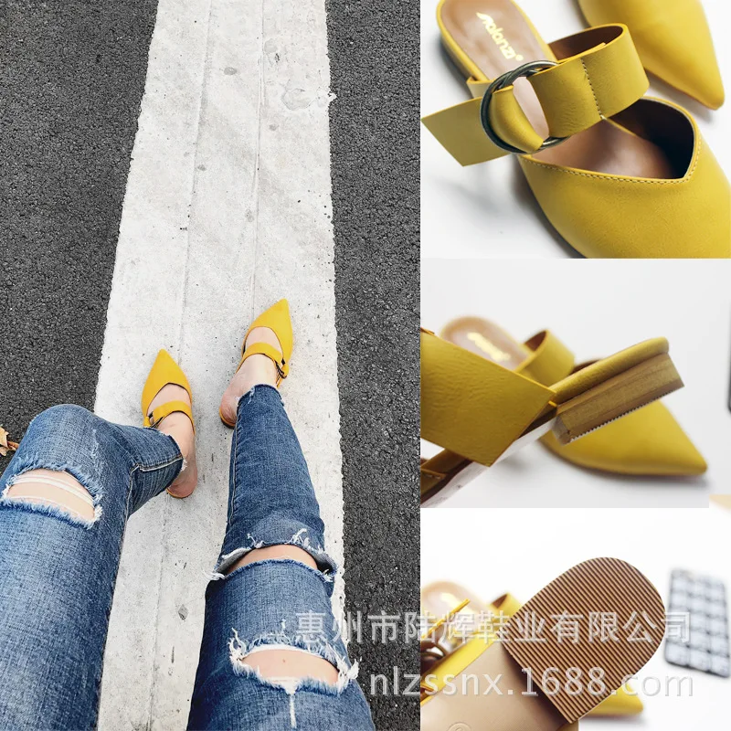 

2017 Europe And America New Style Closed-toe ban tuo xie Women's Pointed Toe Flat Lazy Flat Heel Metal Buckle WOMEN'S Shoes