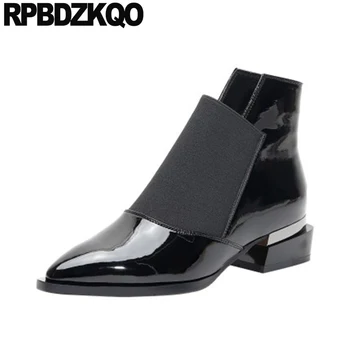 

designer women boots winter 2019 shoes patent leather ankle block pointed toe fur slip on black autumn chelsea custom chunky