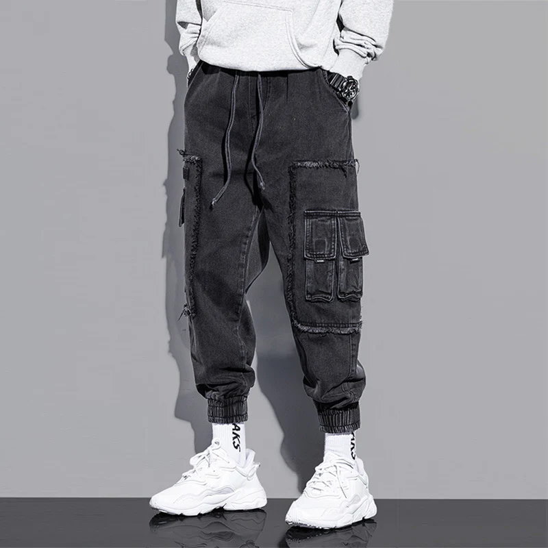 Fashion Streetwear Men Jeans Black Loose Fit Multi Pockets Casual Denim Cargo Pants Hip Hop Joggers Wide Leg Cotton Trousers