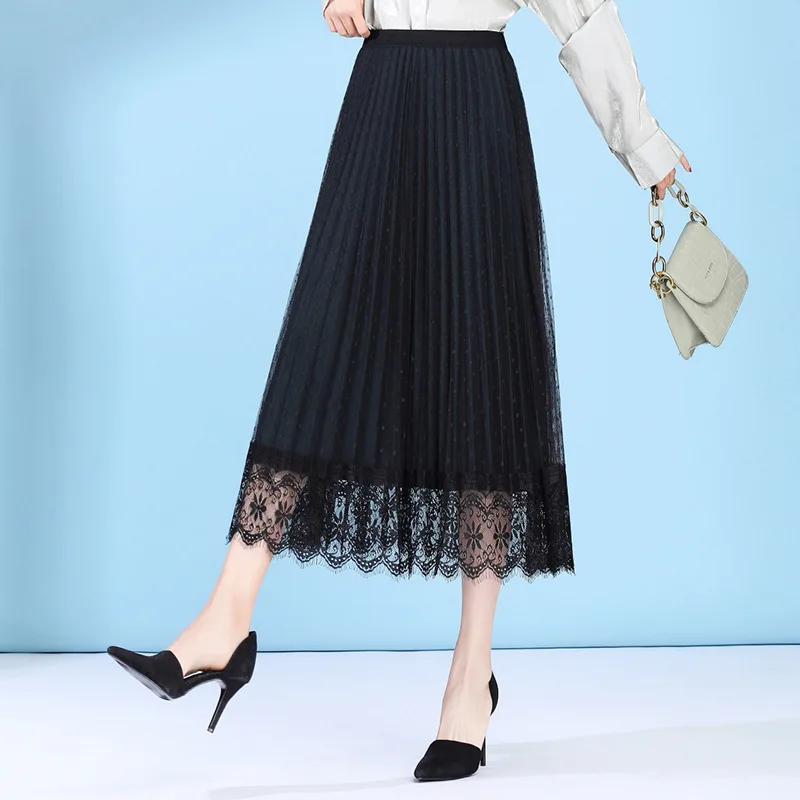 

Gold Velvet Skirt Women's Mid-length Mesh Dress 2020 Spring New Style Korean-style Gauze Lace Reversible Pleated Skirt