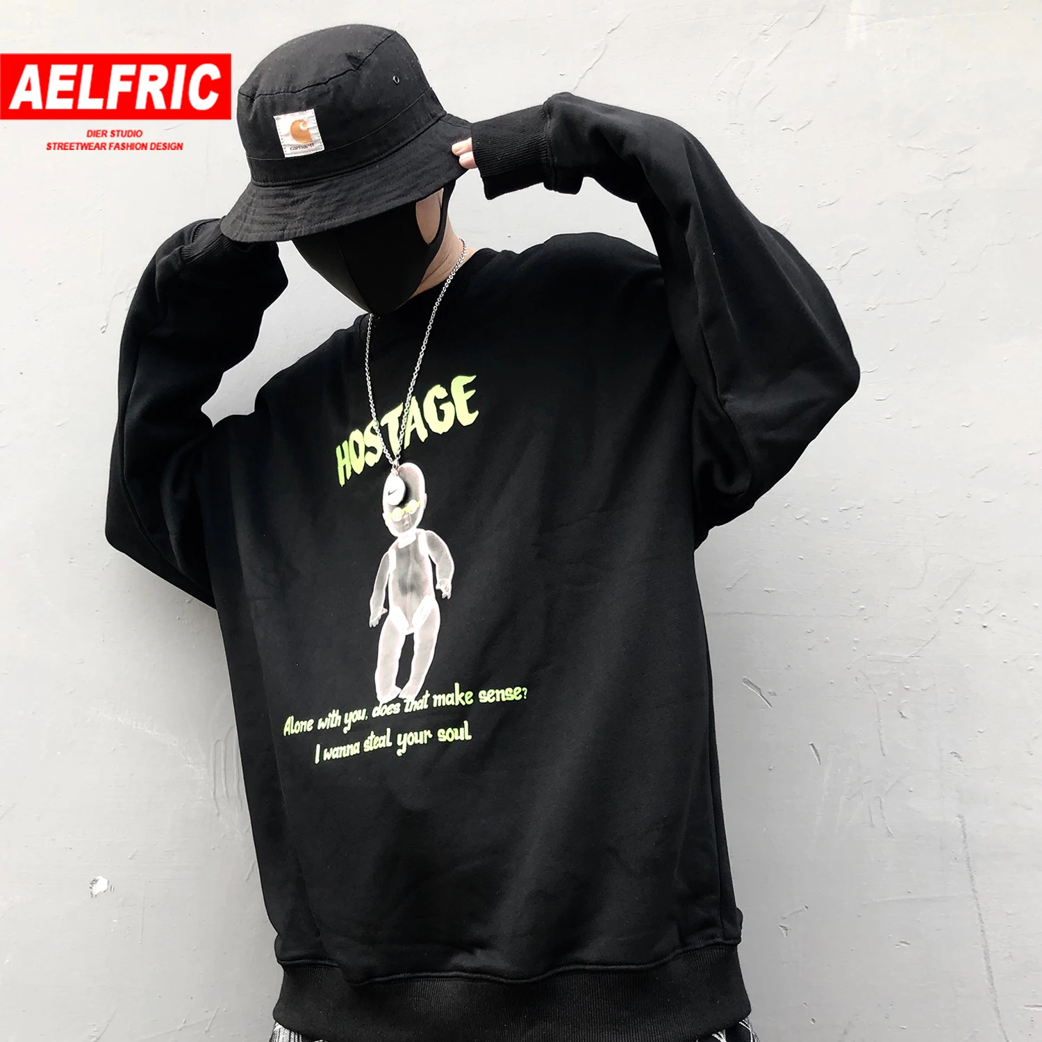 AELFRIC хип хоп Alien Baby мужские пуловеры с принтом уличная мода Топы с длинным рукавом Harajuku повседневные хлопковые толстовки с капюшоном