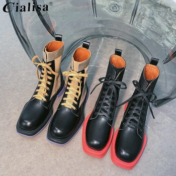 

CIALISA Women Shoes 2020 New Design Red Outsole Lace Up Mid Heel Boot Genuine Leather Thick Heel Round Toe Motorcycle Boot