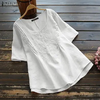 

Vintage Embroidery Tops Women's Linen Blouse ZANZEA 2020 Summer Solid Tunic Casual Short Sleeve Shirts Female Blusas Plus Size