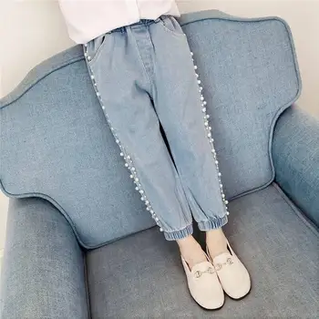 

Girls jeans 2020 spring clothes Korean style little girl net red trousers big girls fashionable pearl casual pants kids clothes