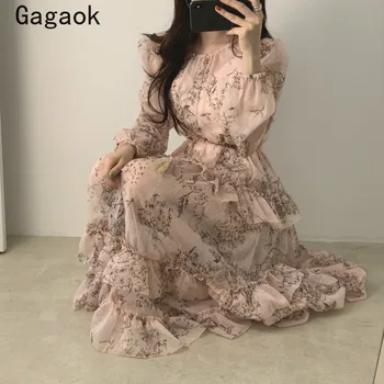 

Gagaok Women Vintage A-Line Dress 2020 Summer New O-Neck Ruffles Floral Print Full Empire Slim Chic Sweet Wild Chiffon Dresses