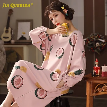 

Autumn and Spring New Women's Night Gown Round Neck Long Sleeve Beam Cuff Womens Pink Lingerie Kawaii Pineapple Dress Sleepwear