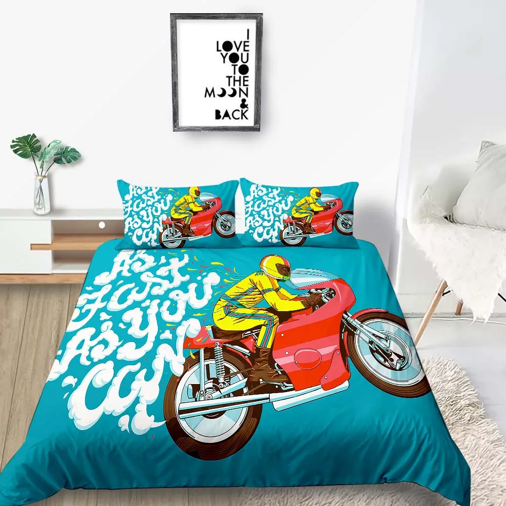 

King Size Bedding Set Motorcycle Cartoon Fashionable Duvet Cover Kids Blue Queen Twin Full Single Double Comfortable Bed Set
