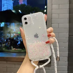 Luxe Glitter Silicone Lanyard Phone Case with Dynamic Liquid Design - iPhone 11 6.1 (WHITE)